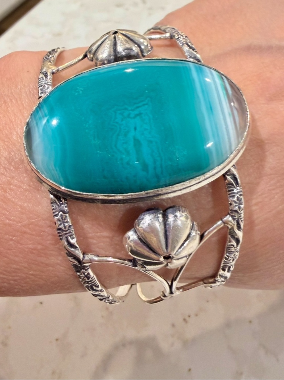 Stamped 925 Boho Teal Agate Cuff Bracelet Large Banded 30.6g